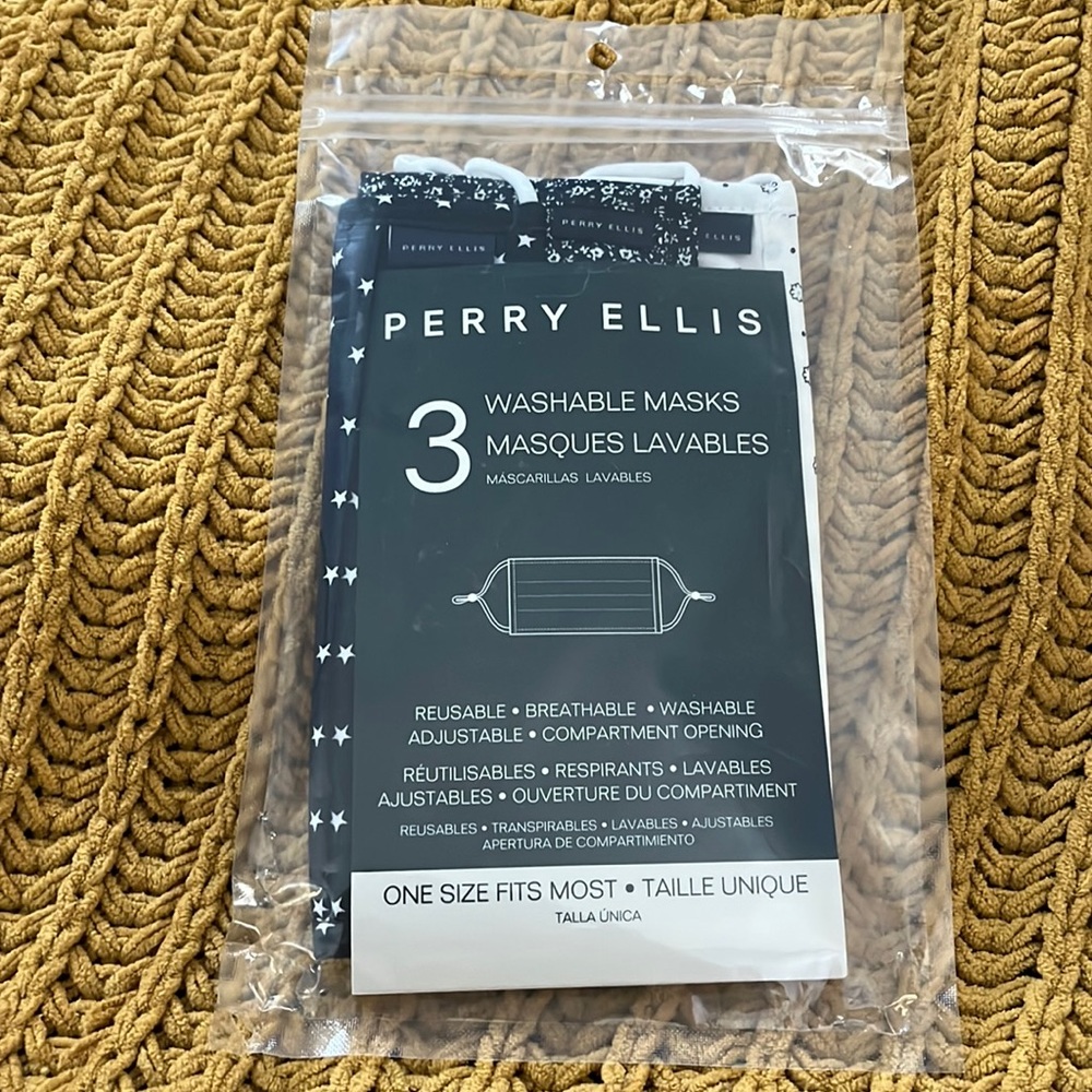 Perry Ellis three pack variety of washable reusable cloth masks blue and white